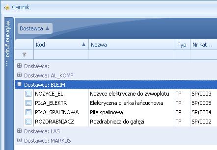 Str. 16 Moduł Faktury v. 2012 Rys. Grupowanie po kodzie dostawcy na liście pozycji cennikowych.