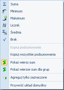 na listach oraz menu kontekstowe). Włączając/wyłączając tą opcję można pokazać lub ukryć wiersz sum. Na włączonym wierszu sum, pod prawym klawiszem myszy znajdują się opcje do wyboru: Rys.