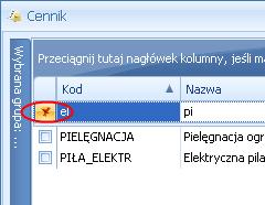 kolumną dostępny jest przycisk czyszczenia filtra, na pozostałych