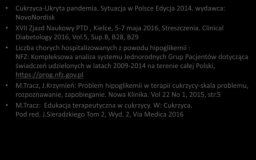 Bibliografia Cukrzyca-Ukryta pandemia. Sytuacja w Polsce Edycja 2014. wydawca: NovoNordisk XVII Zjazd Naukowy PTD, Kielce, 5-7 maja 2016, Streszczenia. Clinical Diabetology 2016, Vol.5, Sup.