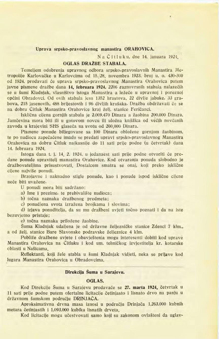 Uprava srpsko-pravoslavnog manastira ORAHOVICA. Na Čitluku, dne 14. januara 1924. OGLAS DRAŽBE STABALA.