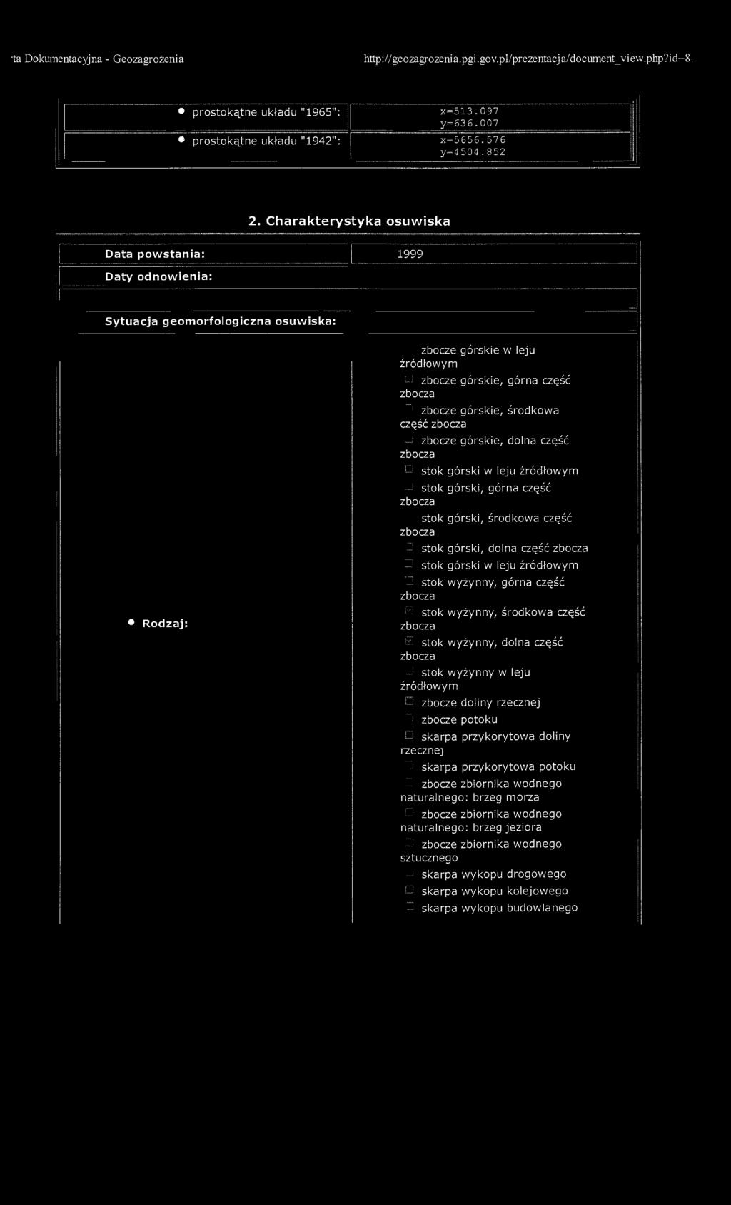 ta Dokumentacyjna - Geozagrożenia http://geozagrozenia.pgi.gov.pl/prezentacja/document_view.php7id-8. prostokątne układu "1965": x=513.097 y= 6 3 6.0 0 7 prostokątne układu "1942": x=5656.