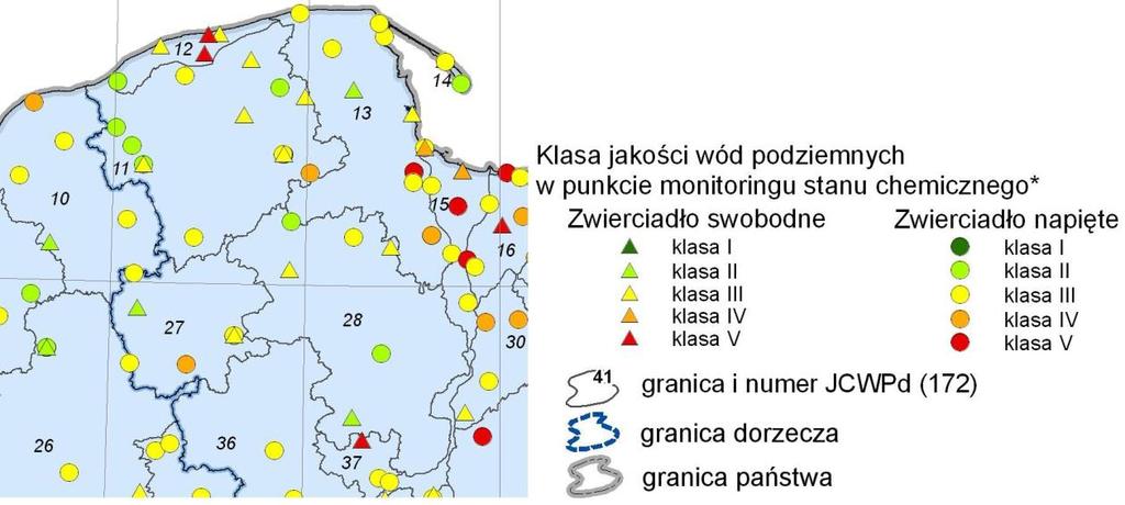 Green Key Ryc. 12. Klasy jakości wód podziemnych w punktach pomiarowych monitoringu stanu chemicznego w 2012 roku Źródło: mjwp.gios.gov.pl Tabela 21.