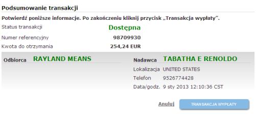 Dla jednego Nadawcy może zostać wyświetlonych wiele transakcji. Wybierz Imię i nazwisko klienta (Odbiorcy) z listy.