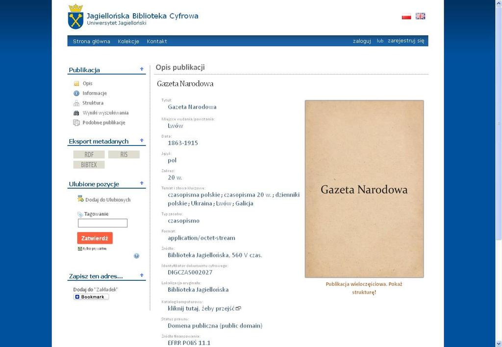 Widok opisu bibliograficznego czasopisma w