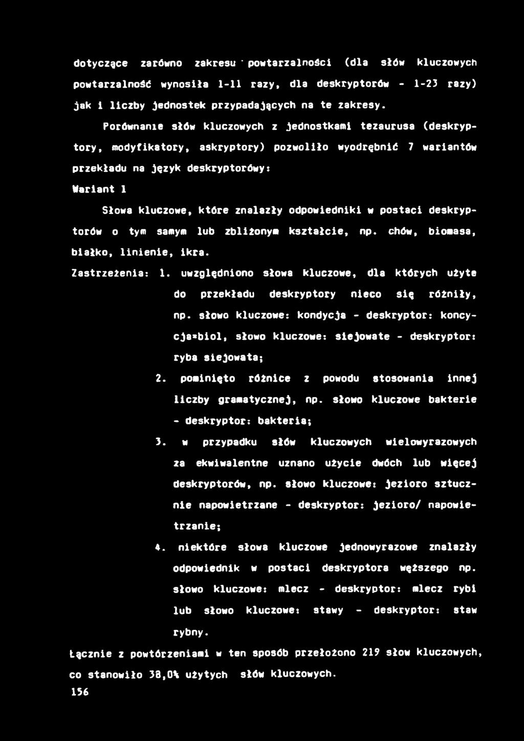 dotyczące zarówno zakresu 'powtarzalności (dla słów kluczowych powtarzalność wynosiła 1-11 razy, dla deskryptorów - 1-23 razy) jak i liczby jednostek przypadających na te zakresy.