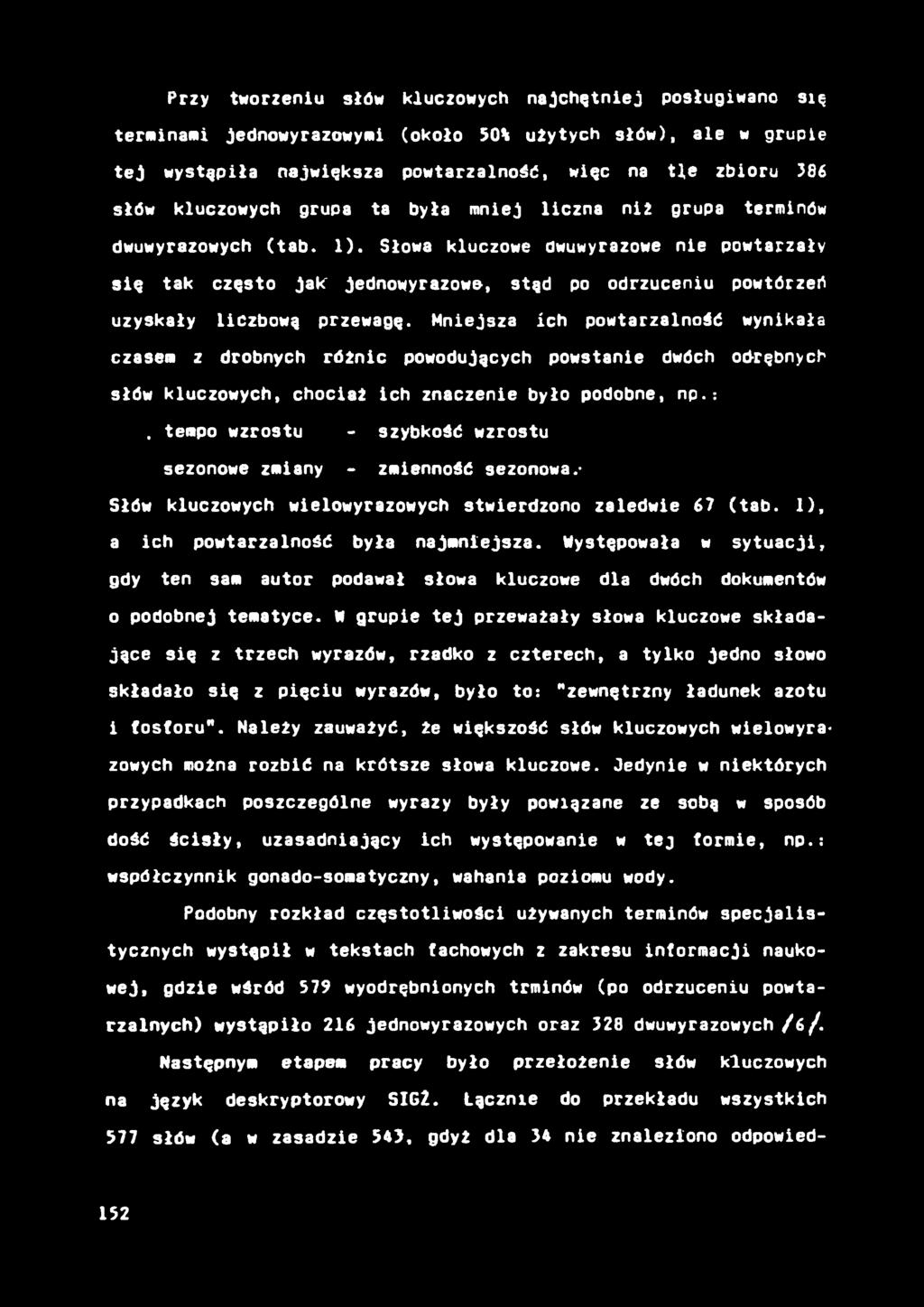 Przy tworzeniu słów kluczowych najchętniej posługiwano się terminami jednowyrazowymi (około 50% użytych słów), ale w grupie tej wystąpiła największa powtarzalność, więc na tle zbioru 386 słów