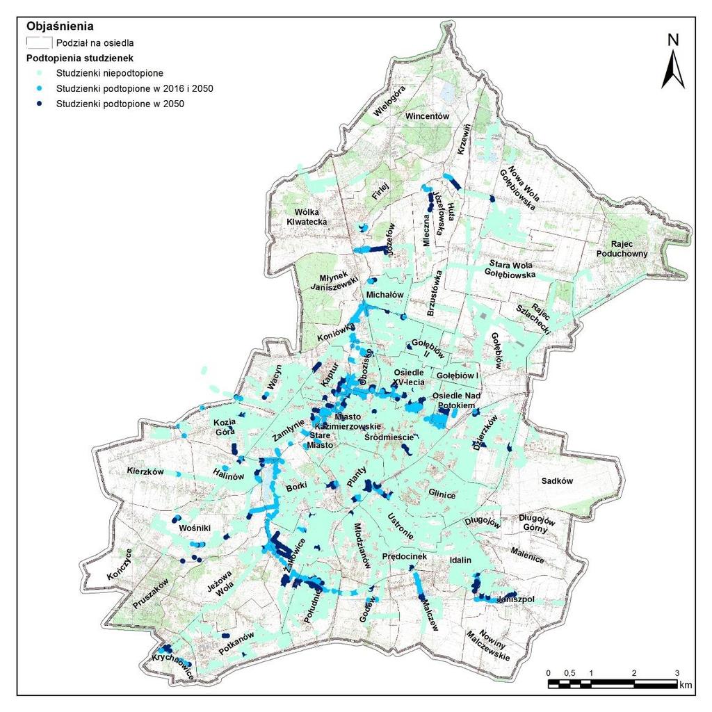 1. EKSPOZYCJA - PODTOPNIENIA Powierzchnia podtopionego terenu (opad 1%, 24h): 2016: 3,20 km 2-2050: 6,18 km2 (całkowita pow. miasta ok. 110 km2)!