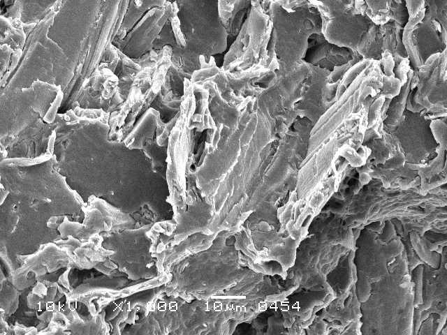 Fractures topography obtained at temp. N 2 : a base polymer; b-10%,c-20%; d 30% of the wood filler. 4.