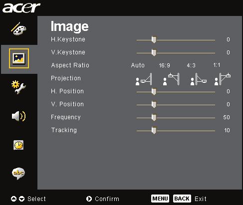 Elementy sterowania Image (Obraz) (tryb Computer/ Video) Funkcje H. Position (Pozycja pozioma), V.