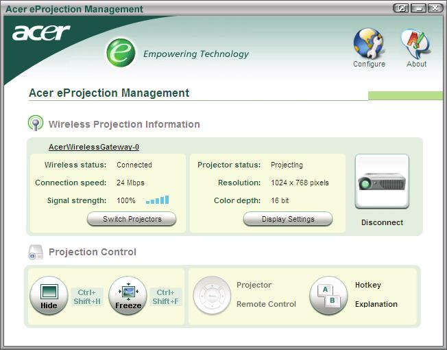 Projekcja bezprzewodowa Połączenie z projektorem Po zainstalowaniu oprogramowania, można połączyć się z dowolnym projektorem wyposażonym w Acer WPG.