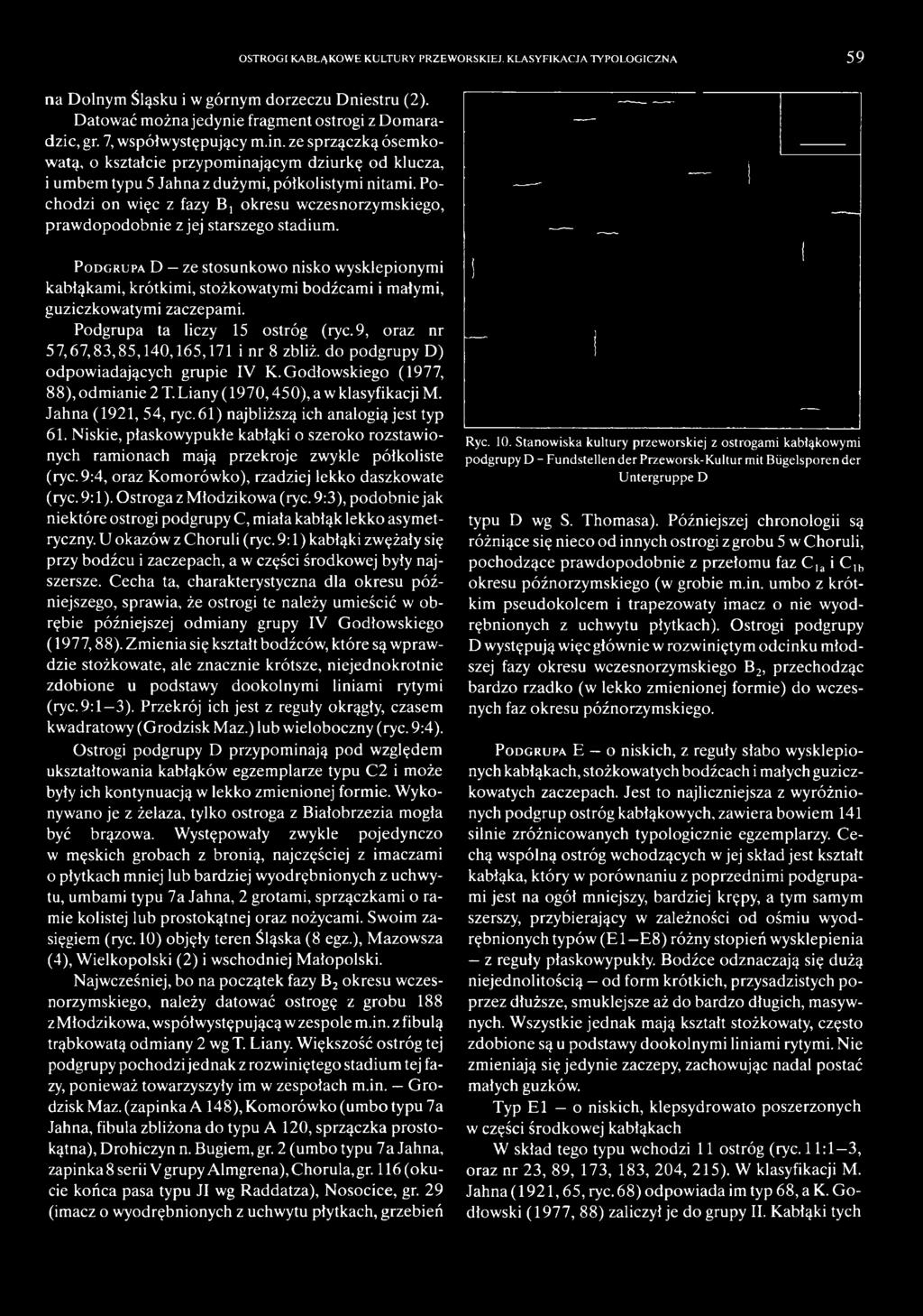 9, oraz nr 57,67,83,85,140,165,171 i nr 8 zbliż, do podgrupy D) odpow iadających grupie IV K. Godłow skiego (1977, 88), odm ianie 2 T. Liany (1970,450), a w klasyfikacji M. Jahna (1921, 54, ryc.
