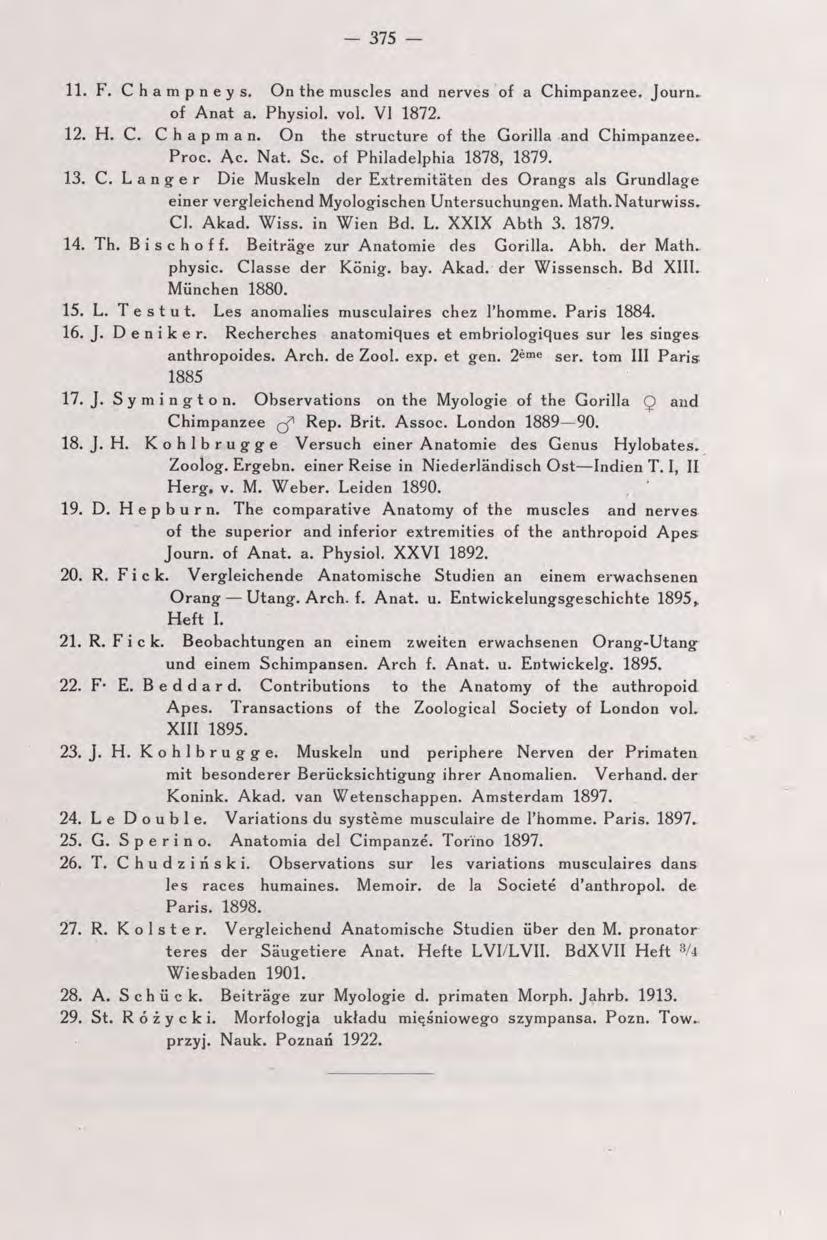 - 375 11. F. C h a m p n e y s. On the muscles and nerves of a Chimpanzee. Journ. of Anat a. Physiol. vol. VI 1872. 12. H. C. Chapman. On the structure of the Gorilla and Chimpanzee^ Proc. Ac. Nat.