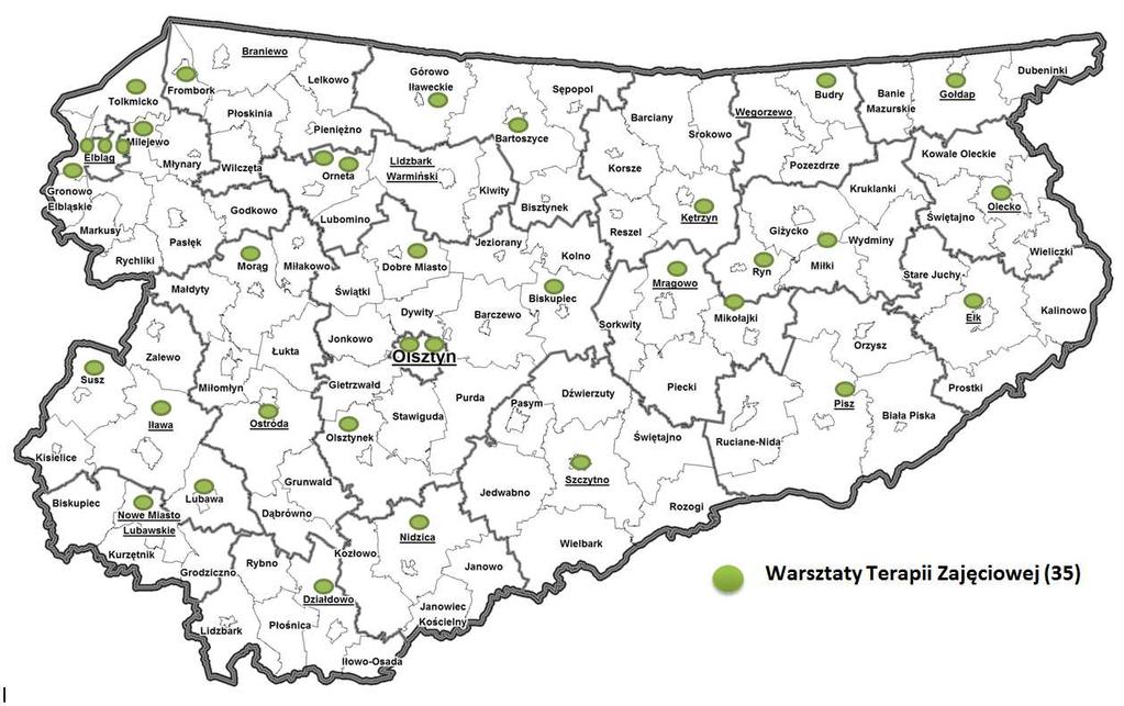 albo podjęcie pracy. Położenie WTZ w województwie warmińsko-mazurskim przedstawia poniższa mapa (mapa nr 4). Mapa nr 4.