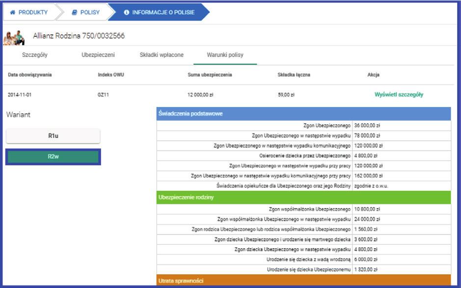 5. Wybierz opcję Warunki polisy, aby sprawdzić: daty obowiązywania warunków polisy indeks ogólnych warunków ubezpieczenia (owu) sumę ubezpieczenia wysokość składki zakres ochrony wybierając Wyświetl