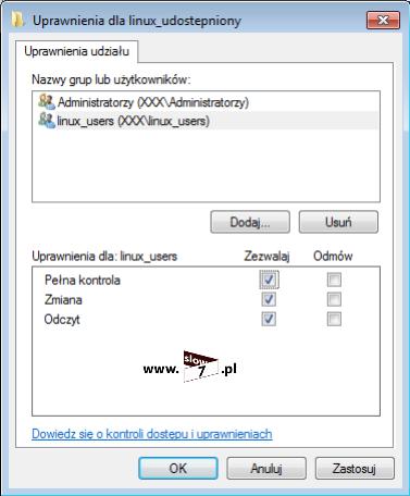 22 (Pobrane z slow7.pl) Po otwarciu nowego okna do sekcji Nazwy grup lub użytkowników za pomocą przycisku Dodaj należy dopisać grupę linux_users oraz określić jej uprawnienia.