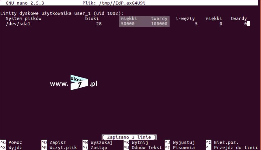 edquota -u user_1 Jeśli chcesz ustalić limit, który będzie obejmował daną grupę wydaj komendę: edquota -g <nazwa_grupy> Po wydaniu polecenia ustalamy wartości