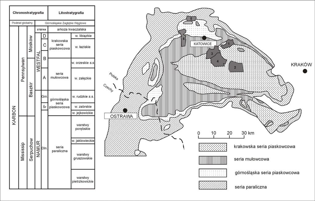 Misiak 2017 / Gospodarka Surowcami Mineralnymi Mineral Resources Management 33(3), 109 120 111 Fig. 1. Litostratygrafia i mapa geologiczna Górnośląskiego Zagłębia Węglowego (na podstawie Jureczka i in.