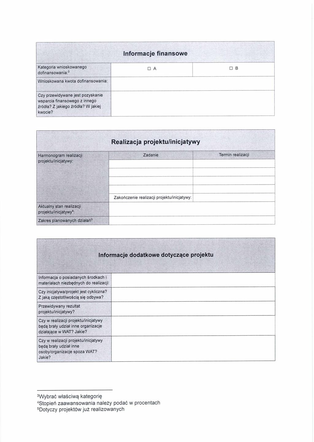 Informacje finansowe Kategoria wnioskowanego dofinansowania:3 Wnioskowana kwota dofinansowania: A B Czy przewidywane jest pozyskanie wsparcia finansowego z innego źródła? Z jakiego źródła?