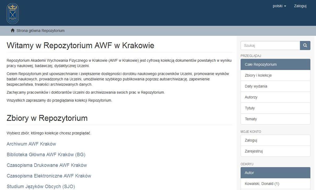 . Logowanie do Repozytorium AWF w Krakowie W celu zalogowania się do Repozytorium AWF w