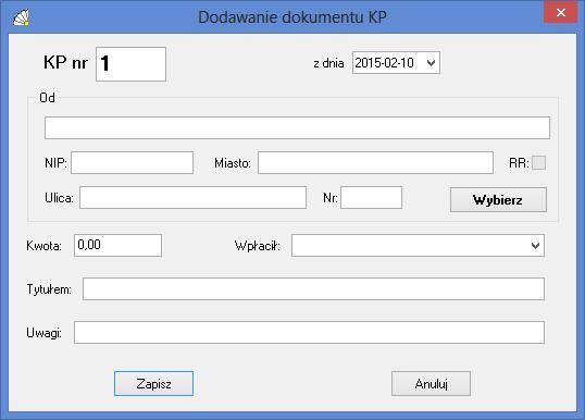 SOSPA System Obsługi SPA 9.5.1. Wystawianie dokumentu KP. Uruchomienie tej funkcji powoduje wyświetlenie okna (Rys. 57), w którym wprowadzamy wszystkie potrzebne dane.