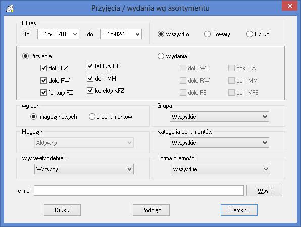 SOSPA System Obsługi SPA_ j 10.9. PRZYJĘCIA / WYDANIA WG ASORTYMENTU Raport ten pozwala na ilościowe i wartościowe zestawienie przyjęć lub wydań towarów oraz usług.