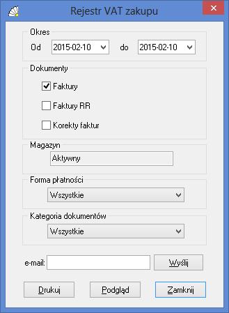 SOSPA System Obsługi SPA 10.14. REJESTR VAT ZAKUPU Funkcja ta pozwala na wydruk rejestru VAT zakupu z określonymi parametrami za dany okres czasu. Po jej wywołaniu ukazuje się okno (Rys.