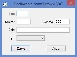 SOSPA System Obsługi SPA Rys. 75. Dodawanie nowej stawki VAT. 11.2.2. Edycja stawki VAT. Funkcja edycji stawki VAT umożliwia skorygowanie wartości procentowej oraz opisu. 11.2.3. Usuwanie stawki VAT.