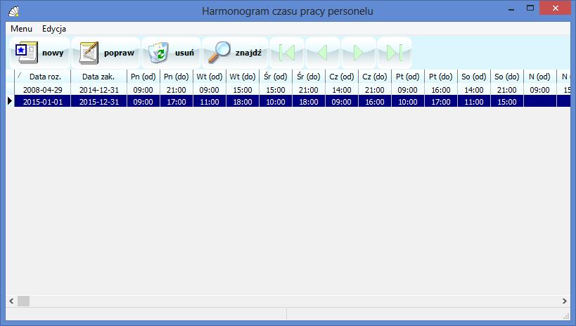 SOSPA System Obsługi SPA_ j 11.8.3. Harmonogram czasu pracy. Funkcja harmonogramu pozwala na precyzyjne ustalenie czasu pracy osoby z personelu w wybranym okresie.