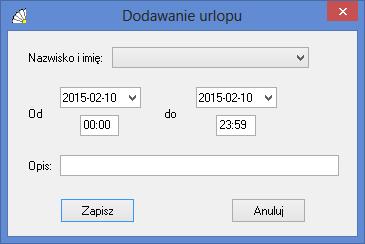 SOSPA System Obsługi SPA_ j Rys. 100. Dodawanie nowego urlopu. 11.16.2. Usuwanie urlopu. Ta funkcja powoduje usunięcie urlopu (zwolnienia) z listy.