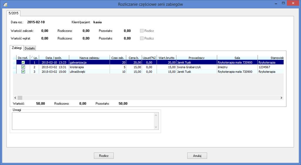 SOSPA System Obsługi SPA_ j zapamiętuje te świadczenia i już przy kolejnym rozliczaniu tej samej serii nie będzie można ich wybrać. Rys. 22. Częściowe rozliczanie serii zabiegów.