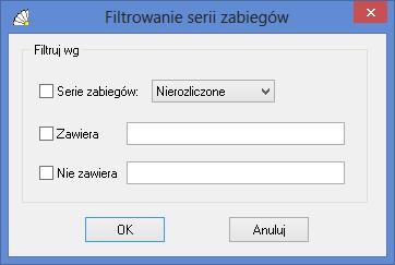 SOSPA System Obsługi SPA 6.1.11. Filtrowanie serii zabiegów. Po wybraniu funkcji filtrowania wyświetlone zostaje okno w którym dostępne są kryteria filtrowania listy serii.