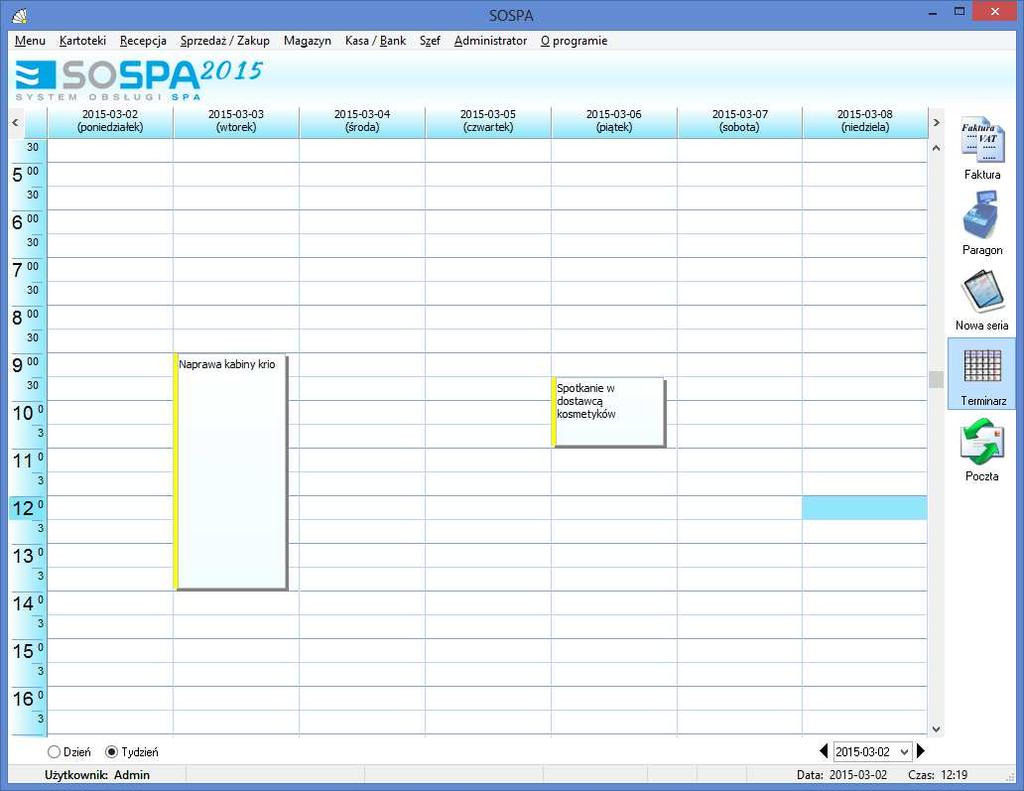 SOSPA System Obsługi SPA_ j Rys. 30. Widok terminarza Dodanie nowego terminu realizujemy poprzez kliknięcie prawym przyciskiem myszy bezpośrednio na terminarzu i wybranie funkcji Nowy termin.