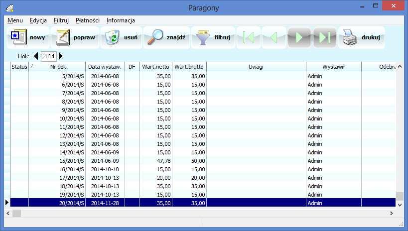 SOSPA System Obsługi SPA_ j Rys. 35. Lista paragonów. 7.4.1. Wypisywanie nowego paragonu.