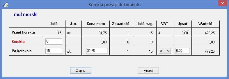 SOSPA System Obsługi SPA_ j Rys. 41. Zawartość korekty faktury VAT zakupu. Rys. 42. Okno korygowania pozycji faktury VAT zakupu.