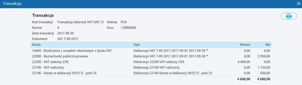 Konto Wypełniamy konto 22146 Kwota w deklaracji VAT(17) pole 55 po stronie Ma, w drugim wierszu ujmujemy konto 14600 Rozliczenia z Urzędem Skarbowym (VAT) i uzupełniamy kwotę po stronie winien suma