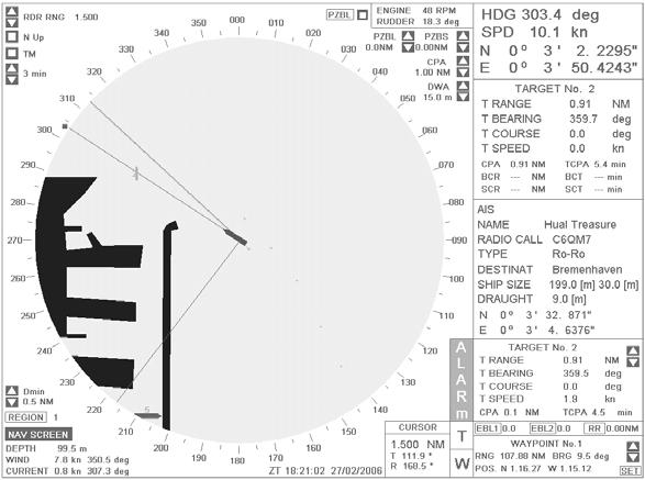 Different simulator views: a) navigation window, b) radar window Symulator modeluje pracę radaru, układu ARPA oraz systemu AIS.