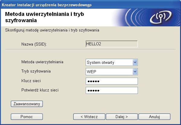 Jeżeli chcesz ustawić lub skonfigurować dodatkowe indeksy klucza WEP inne niż WEP key1, kliknij opcję Zaawansowane.