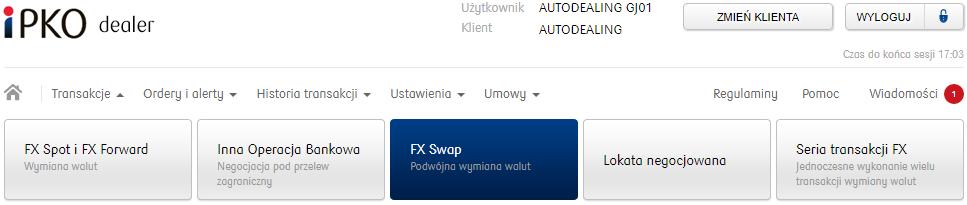 Po zatwierdzeniu otworzy się ekran potwierdzający transakcję: 3.3. FX Swap Transakcje FX Swap to transakcje tzw.