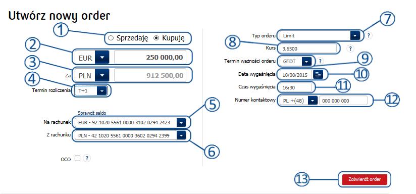 walutach), typ Orderu (ustawić na LIMIT), Kurs Orderu (dla typu limit, musi być bardziej korzystny dla zawierającego transakcję klienta niż aktualny kurs wymiany walut), rodzaj daty wygaśnięcia