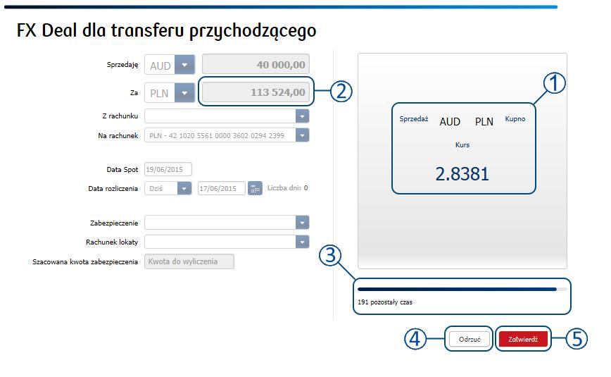 Zatwierdzić kwotowanie: UWAGA: Naciśnięcie przycisku ZATWIERDŹ skutkuje zawarciem transakcji. Ekran kwotowania prezentuje kwotowanie dla danej transakcji.