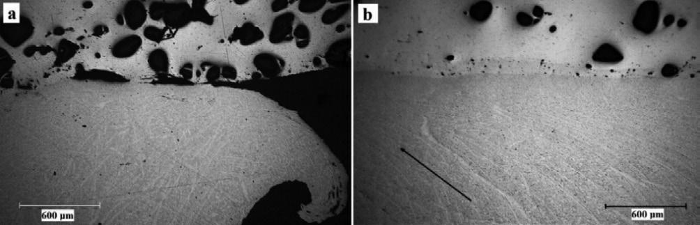 a) Rys. 6. Mikrostruktura złączy stop Al- kompozyt SPS: a) Al+30% Al 2O 3 b) Al+20% Al 2O 3 Fig. 6. Microstructures of friction welded joints of -SPS composite: a) Al+30%Al 2O 3 b) Al+20% Al 2O 3 b) Rys.