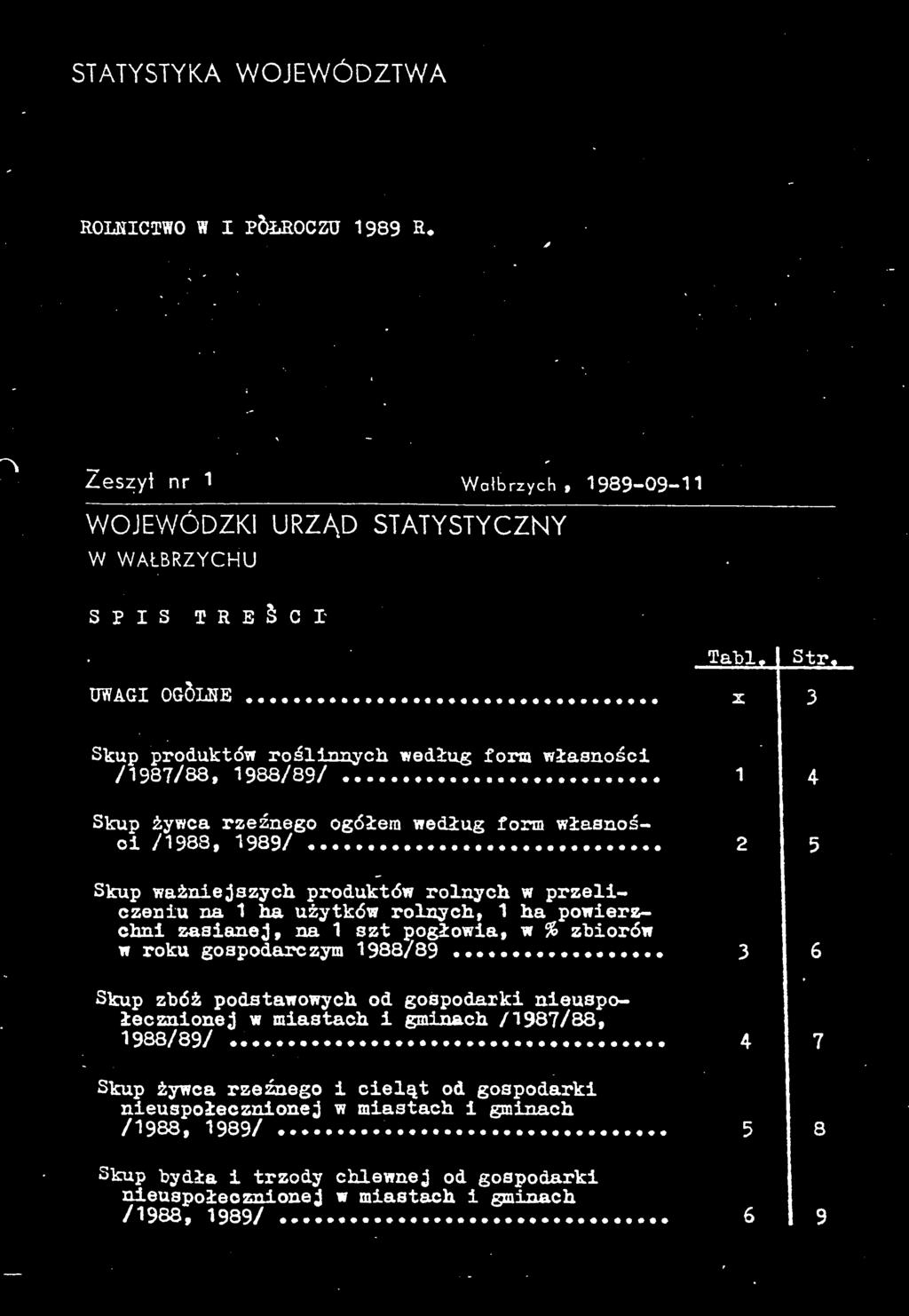 .. Skup ważniejszych produktów rolnych w przeliczeniu na 1 ha użytków rolnych, 1 ha powierzchni zasianej, na 1 szt pogłowia, w % zbiorów w roku gospodarczym 1988/89.