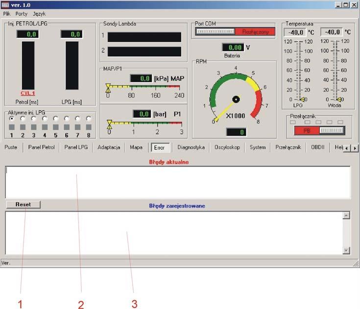 Panel ERROR 1. Przycisk RESET - umożliwia skasowanie aktualnych i zapamiętanych błędów w sterowniku gazowym - kasuje błędy aktualne jak i zarejestrowane 2.