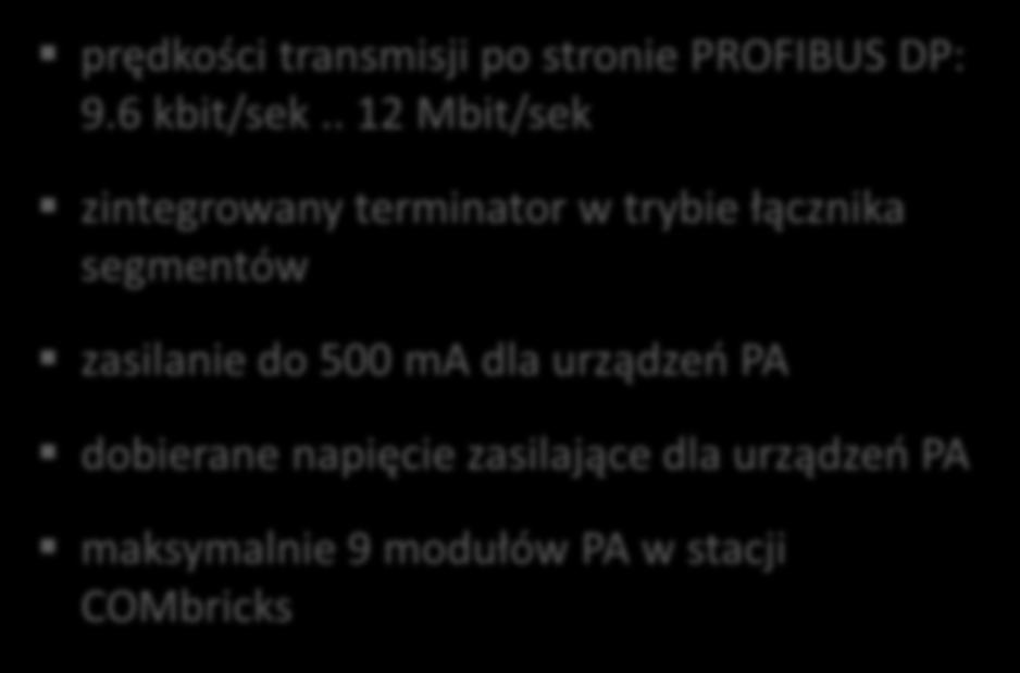 Podstawowa konfiguracja interfejsu PA Zasilanie dla urządzeń PROFIBUS PA prędkości transmisji po stronie PROFIBUS DP: 9.6 kbit/sek.