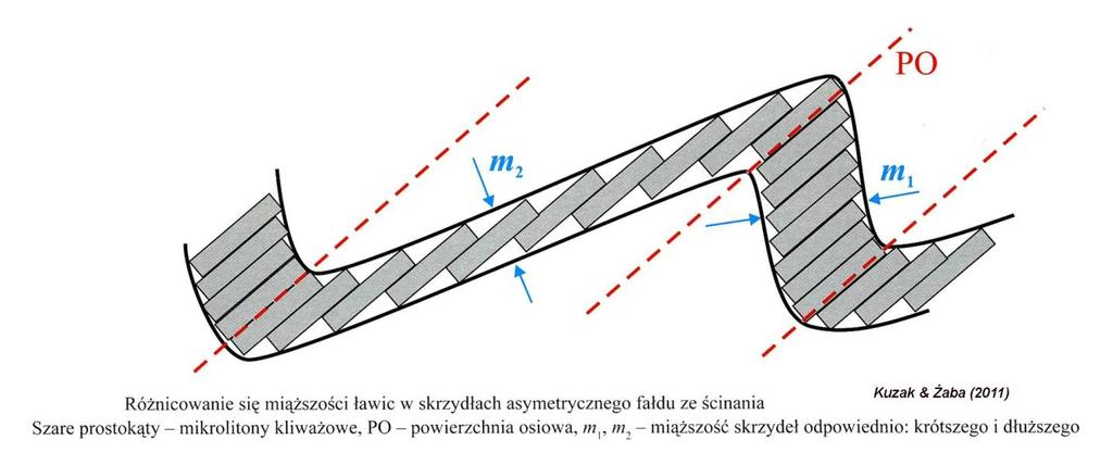 ŚCINANIE Fałdowanie ze ścinania lub translacyjne [shear folding, slip folding] przemieszczenia (translacje) masy skalnej dokonują się wzdłuż gęstych powierzchni ścięć,