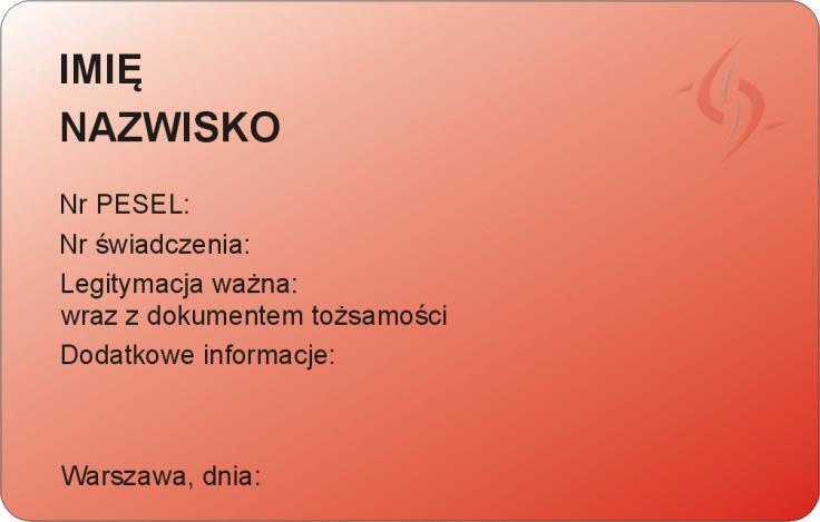 Strona 1 legitymacji : 1) tło w kolorze czerwonym cieniowanym; 2) w lewym górnym rogu logo Zakładu Emerytalno-Rentowego Ministerstwa Spraw Wewnętrznych i napis ZER ; 3) w prawym górnym rogu hologram;