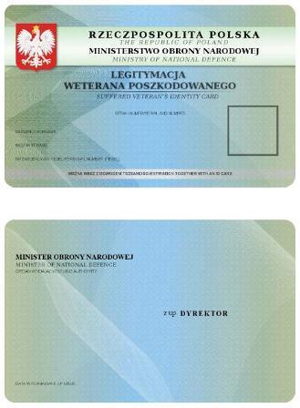 Wzór nr 36 Do 20 LEGITYMACJA WETERANA POSZKODOWANEGO Legitymacja pozioma, o wymiarach 54 mm x 86 mm, o krawędziach zaokrąglonych, koloru jasnoniebieskiego cieniowanego z naniesionymi liniami gilosza,