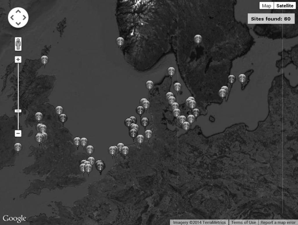 Rys. 1. Rozmieszczenie morskich farm wiatrowych w Europie Północnej (źródło: http://www.lorc.