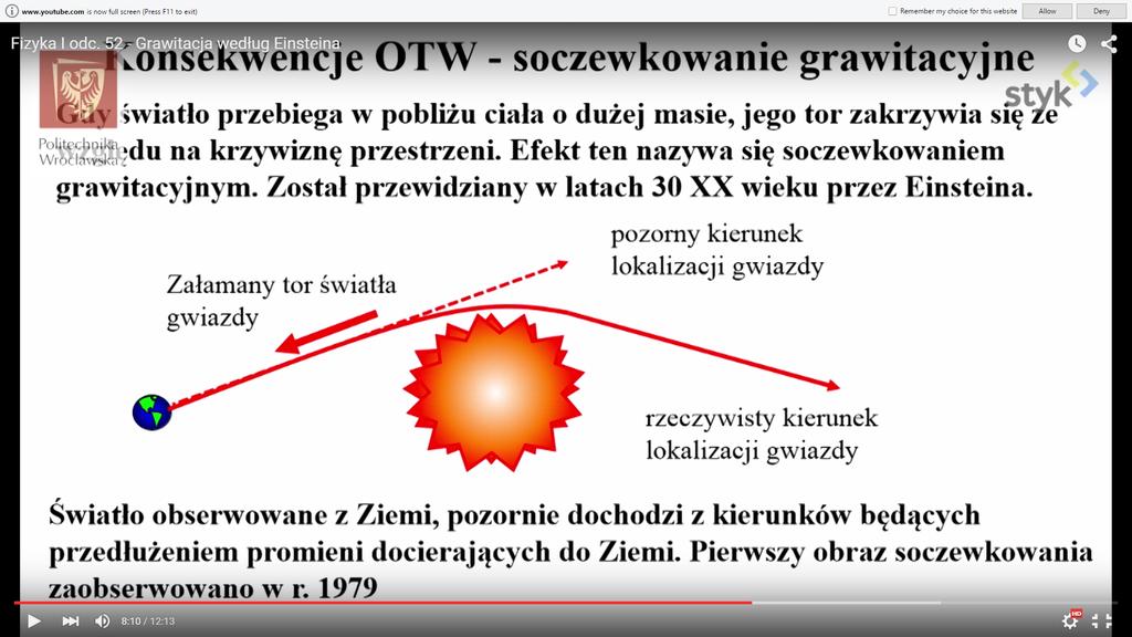 Soczewkowanie grawitacyjne Gdy światło przebiega w pobliżu ciała o dużej masie, jego tor zakrzywia się ze względu na krzywiznę przestrzeni. Efekt ten nazywa się soczewkowaniem grawitacyjnym.